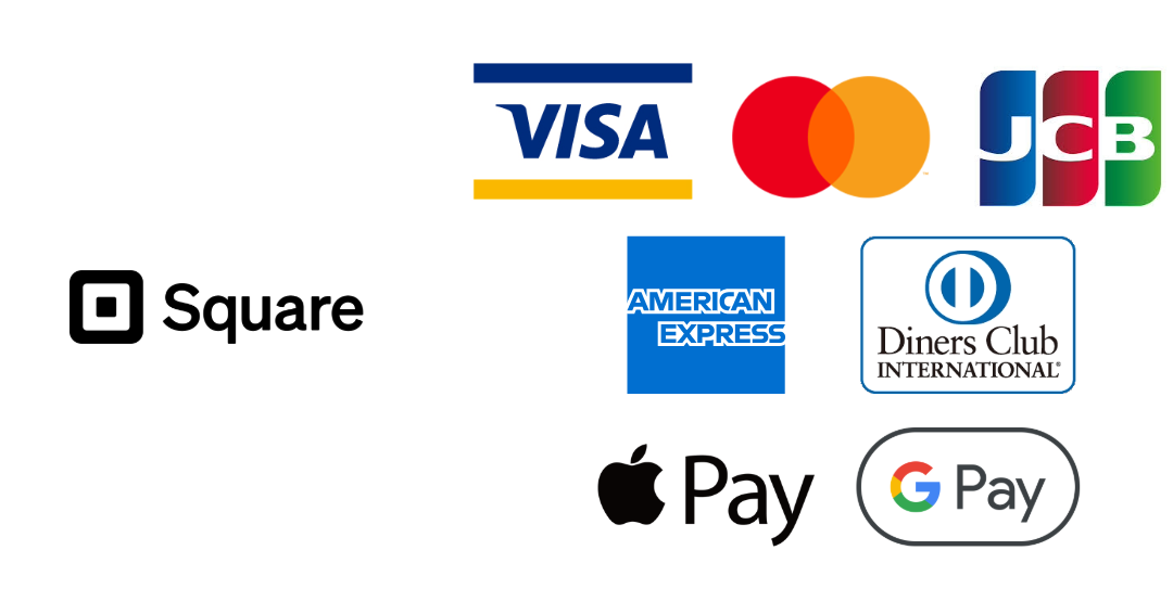 対応決済: Square、VISA、Mastercard、JCB、American Express、Diners Club、Apple Pay、Google Pay